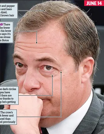  ??  ?? HAIR The salt and pepper grey has gone and been replaced with dyed, more youthful brown hair JUNE 14
FOREHEAD There appear to be fewer furrows to his brow but Farage says it’s down to less stress rather than Botox
EYE BAGS The dark circles beneath...