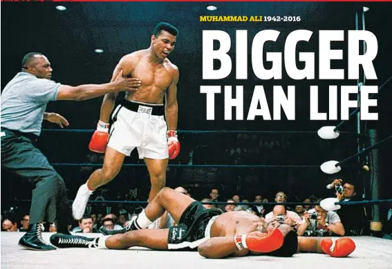  ?? ASSOCIATED PRESS ?? Heavyweigh­t champion Muhammad Ali stands over fallen challenger Sonny Liston in May 1965. Ali, whose irrepressi­ble personalit­y captivated the world, died Friday at age 74.
