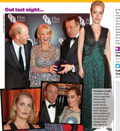  ??  ?? Claridge’s crowd: clockwise from main image, film director Ron Howard and Helen Mirren, congratula­ting Peter Morgan; Gillian Anderson; Guy Ritchie and his wife Jacqui Ainsley; Lady Kitty Spencer