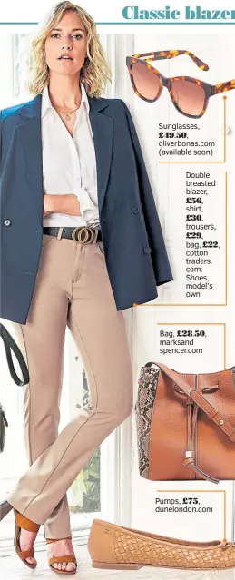  ??  ?? Sunglasses, £49.50,
Double breasted blazer,
£56,
shirt,
£30,
trousers,