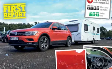  ??  ?? MAIN The Tiguan is more than capable of hauling a matched caravan INSET LEFT-RIGHT Somebody didn’t like the paintwork. Clearly laid-out dashboard