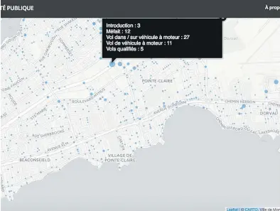  ??  ?? The interactiv­e online map, which highlights areas of criminal activity, shows crimes occur more often in commercial areas, such as the Fairview Pointe-Claire shopping centre and strip malls near St-Jean Blvd. and Highway 40.