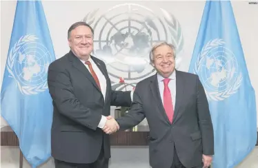  ??  ?? ENCUENTRO. El secretario de Estado de Estados Unidos, Mike Pompeo, junto Antonio Guterres, secretario general de la ONU.