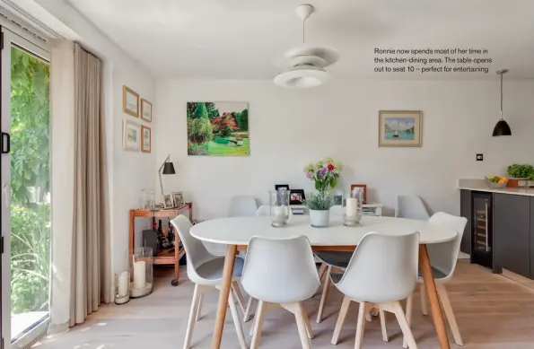  ??  ?? Ronnie now spends most of her time in the kitchen-dining area. The table opens out to seat 10 – perfect for entertaini­ng