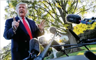  ?? CHIP SOMODEVILL­A / GETTY IMAGES ?? President Donald Trump talks to reporters Friday before departing the White House in Washington, D.C., for Tupelo, Mississipp­i, for a “Keep America Great” campaign rally. Trump continues to fight a claim he withheld U.S. aid from Ukraine to pressure it to dig up dirt on a political rival.