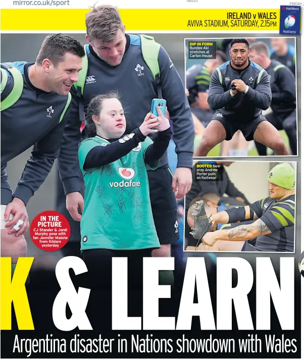  ??  ?? IN THE PICTURE
CJ Stander & Jordi Murphy pose with fan Jennifer Malone from Kildare yesterday DIP IN FORM Bundee Aki stretches at Carton House BOOTED New prop Andrew Porter pulls on footwear