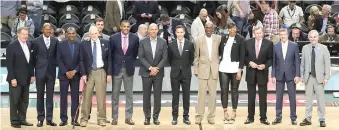  ??  ?? (L-R) Naismith Memorial Basketball Hall of Fame Chairman Jerry Colangelo, 2018 Hall of Fame Inductees Ray Allen, Maurice Cheeks, Lefty Driesell, Grant Hill, Jason Kidd, Steve Nash, Charlie Scott, Tina Thompson, Rod Thorn and Rick Welts during the 2018...