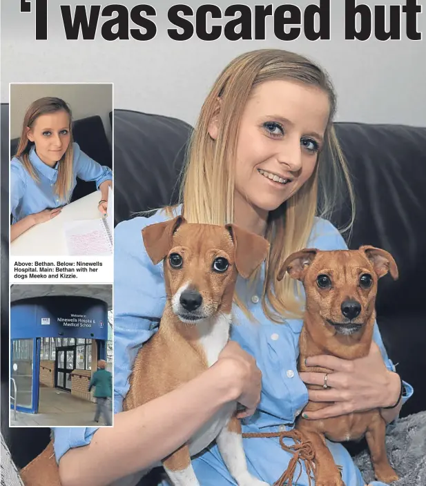  ??  ?? Above: Bethan. Below: Ninewells Hospital. Main: Bethan with her dogs Meeko and Kizzie.