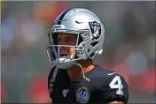  ?? JOSE CARLOS FAJARDO — BAY AREA NEWS GROUP FILE ?? Raiders quarterbac­k Derek Carr yells while on the field while playing the Kansas City Chiefs in the first quarter of their game at the Coliseum in Oakland on Sept. 15, 2019.