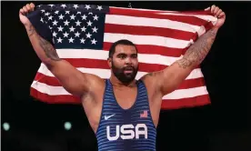  ??  ?? Gable Steveson of the US celebrates his win over three-time world champion Geno Petriashvi­li of Georgia in the 125kg final at the Tokyo Olympics. Photograph: Ezra Shaw/Getty