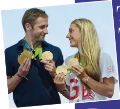  ??  ?? GOLDEN COUPLE: Jason and Laura with the five golds they won in Rio and, right, they kiss after he triumphs in the keirin