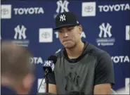  ?? FRANK FRANKLIN II - THE ASSOCIATED PRESS ?? New York Yankees’ Aaron Judge pauses while speaking at a news conferece after a spring training baseball workout Tuesday, Feb. 18, 2020, in Tampa, Fla.