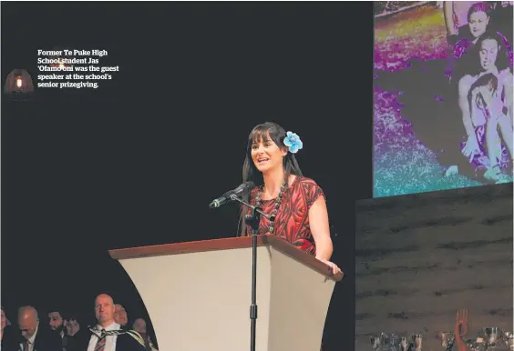  ??  ?? Former Te Puke High School student Jas ‘Ofamo’oni was the guest speaker at the school’s senior prizegivin­g.