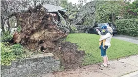  ?? GRAHAM PAINE TORSTAR ?? A woman with her grandson checks out an uprooted tree that severely damaged a neighbour’s home and crushed an SUV on Delaware Avenue in Burlington.