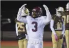  ?? AUSTIN HERTZOG - DIGITAL FIRST MEDIA ?? Pottsgrove’s Isaiah Taylor fires up the Falcons’ fans in the third quarter.