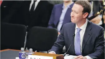  ?? ALEX BRANDON, THE ASSOCIATED PRESS ?? Facebook CEO Mark Zuckerberg appears Tuesday before the U.S. Senate Judiciary and Commerce committees.