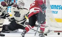  ?? AARON BELL OHL IMAGES ?? Then-Peterborou­gh Minor Midget AAA Petes goalie Will Cranley makes a save during the OHL Cup Showcase in Toronto in June.