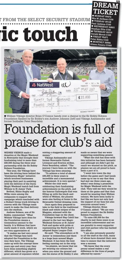  ??  ?? Widnes Vikings director Brian O’Connor hands over a cheque to the Sir Bobby Robson Foundation flanked by Sir Bobby’s son Andrew Johnson ( left) and Vikings Ambassador and former footballer Peter Beardsley.