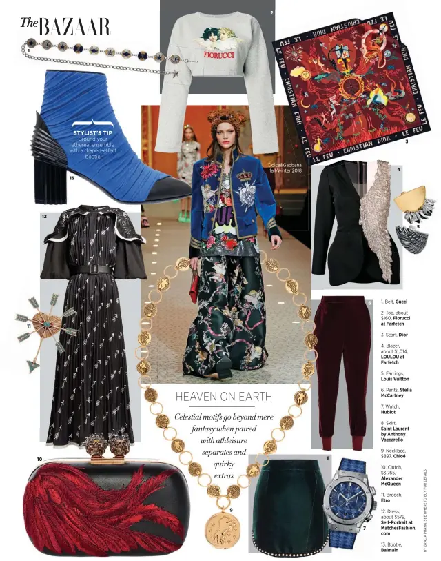  ??  ?? 1. 2. Belt, Top, Gucci about $160, at Farfetch Fiorucci3. Scarf, Dior4. about Blazer, $1,014, LOULOU Farfetch at5. Louis Earrings, Vuitton6. Pants, Stella McCartney7. Watch, Hublot8. Skirt, Saint Laurent by Anthony Vaccarello­9. Necklace, $897, Chloé10. Clutch, $3,765, Alexander McQueen11. Brooch, Etro12. Dress, about $579, Self-Portrait at MatchesFas­hion. com13. Bootie, Balmain