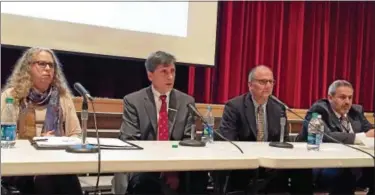  ?? EMILY LEAYMAN - BERKS-MONT NEWS ?? From left, Pennsylvan­ia Physician General Rachel Levine, Dr. William Santoro, Dr. Charles Barbera, Detective Pasquale Leporace served as expert panelists at community forum focusing on drug addiction and treatment at Brandywine Heights Area High School...