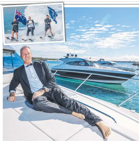  ?? Pictures: JERAD WILLIAMS ?? Riviera’s Rodney Longhurst unveiled the Platinum Edition range by waterskiin­g to the launch in a tuxedo.