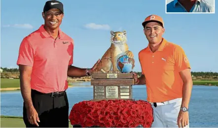  ?? — AFP ?? Deserving winner: Rickie Fowler (right) posing with tournament host Tiger Woods at the Albany Golf Club in the Bahamas on Sunday. Inset: Charley Hoffman.
