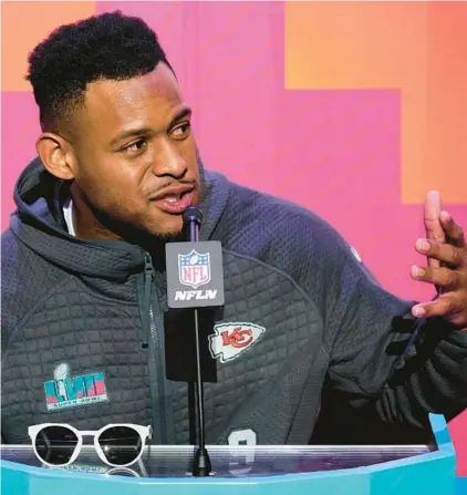  ?? MATT YORK/AP ?? Chiefs receiver JuJu Smith-Schuster speaks to reporters ahead of Sunday’s Super Bowl. He helped fill a void after Tyreek Hill was traded.