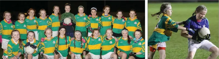  ??  ?? The Gaelscoil Loch Garman squad before their final defeat. Sarah Nolan of Barntown holds off Aisling Ní Ghogáin (Gaelscoil).