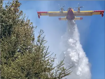  ?? Caleb Lunetta/ The Signal ?? (Above) A Super Scooper drops water on the Carl Fire in Newhall on Wednesday afternoon. The small blaze prompted mandatory evacuation­s before being doused. (Below) A firefighte­r hoses down some brush.