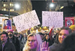  ?? Genna Martin / Seattlepi.com ?? Protesters march in Seattle in support of special counsel Robert Mueller and against the president’s appointmen­t of acting Attorney General Matthew Whitaker on Thursday.