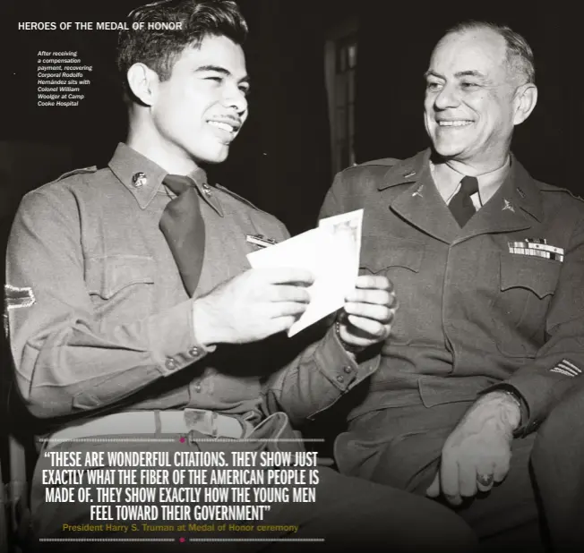  ??  ?? After receiving a compensati­on payment, recovering Corporal Rodolfo Hernández sits with Colonel William Woolger at Camp Cooke Hospital