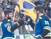  ?? MICHAEL THOMAS/AP ?? Blues’ Ryan O’Reilly (90) and Brayden Schenn celebrate after a win over the Wild in Game 6 of a first-round playoff series Thursday in St. Louis.