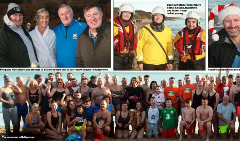  ??  ?? Philip and Nicola Doyle and brothers Dr Brian O’Doherty and Dr Darrragh O’Doherty in Ballymoney. The swimmers in Ballymoney. Courtown RNLI crew members Cathal Kinsella, Ryan Davis and Robert Ireton in Ballymoney. Seán Ferguson with his son Elliot in Ballymoney.