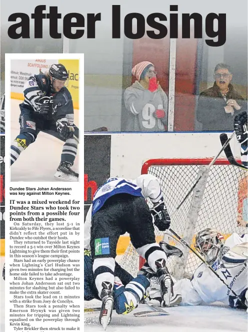  ??  ?? Dundee Stars Johan Andersson was key against Milton Keynes. Tyler Brickler celebrates one of his two goals for Dundee Stars in their win