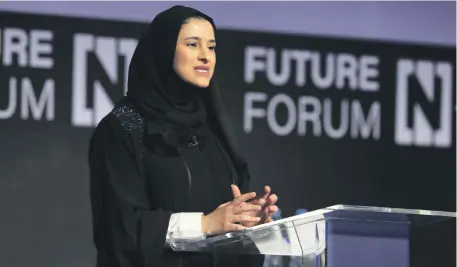  ?? Chris Whiteoak / The National ?? Sarah Al Amiri, Minister of State for Advanced Sciences, opens The National Future Forum yesterday