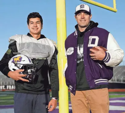  ?? KYLE ROBERTSON/COLUMBUS DISPATCH ?? Desales defensive end Matthew Stewart and his father, former Desales star Matt Stewart, are among several current and former Stallions football players with family ties.