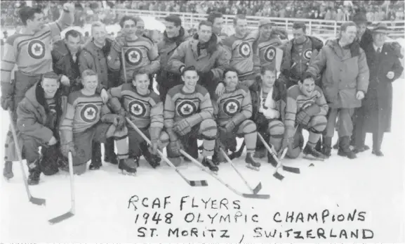  ??  ?? The 1948 RCAF Flyers included, in back, from left: André Laperrière, Hubert Brooks, Andy Gilpin, Ted Hibberd (behind Hibberd is A. Sydney Dawes, president of the Canadian Olympic Associatio­n), Pete Leichnitz, Irving Taylor, Wally Halder, George Mara,...