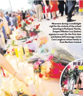  ??  ?? Mourners during a candleligh­t vigil for the victims of the school shooting in Parkland, Florida. Suspect Nikolas Cruz (below) appears in court for the first time and (below left) teenage victim Cara Loughran whose family is
from Northern Ireland