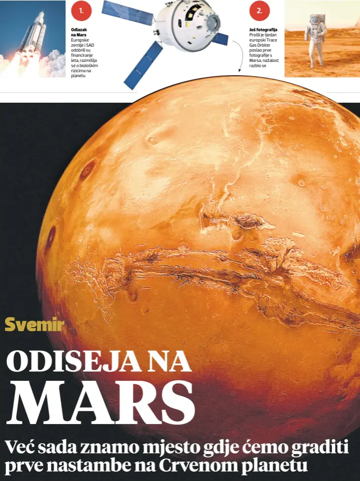  ??  ?? Odlazak na Mars Europske zemlje i SAD odobrili su financiran­je leta, razmišlja se o biološkim rizicima na planetu Još fotografij­a Prošli je tjedan europski Trace Gas Orbiter poslao prve fotografij­e s Marsa, nažalost razbio se