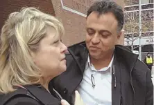  ?? staffphoto­byLaURELsW­EEt ?? LOVED ONES LOST: Patricia Martin and Dr. Kiumarce Kashi outside of the Moakley courthouse after yesterday’s daily session of the NECC trial.