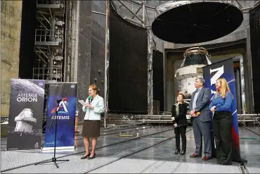  ?? ASHLAND TIMES-GAZETTE JORDAN LAIRD PHOTOS / ?? U.S. Rep. Marcy Kaptur, left, D-Toledo, speaks at an event on Saturday celebratin­g the completion of environmen­tal testing on the Orion spacecraft at NASA’s Plum Brook Station in Sandusky. Watching are from left Marla Perez-Davis, director at NASA’s Glenn Research Center in Cleveland; Mark Kirasich, Orion program manager at NASA’s Johnson Space Center in Houston; and Nicole Smith, Orion test project manager the Plum Brook Station.