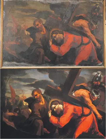  ?? ?? Before and after the restoratio­n of Giuseppe d’Arena’s Falling of Christ with the Cross.