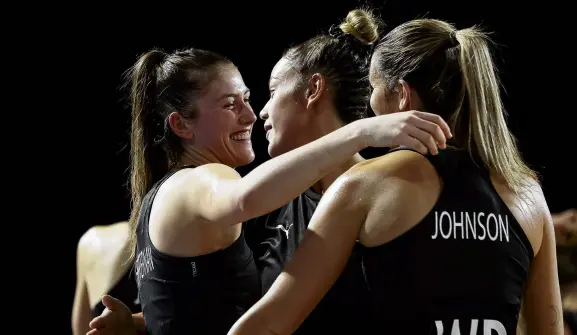  ?? PHOTO: GETTY IMAGES ?? Special moment . . . Otago netballer Kate Heffernan, on test debut for the Silver Ferns against Northern Ireland, celebrates with teammates Maia Wilson and Kayla Johnson in Birmingham.