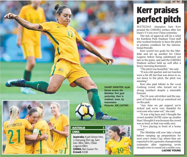  ??  ?? SHARP SHOOTER: Kyah Simon scores the Matildas’ first goal yesterday, then is mobbed, inset, by teammates. Pictures: JOE CASTRO