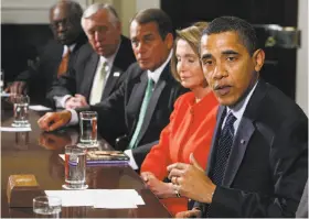  ?? Charles Dharapak / AP 2009 ?? House leaders in 2009 — from left, Reps. Jim Clyburn, D-S.C., Steny Hoyer, D-Md., John Boehner, R-Ohio, and Nancy Pelosi, D-Calif. — with then President Barack Obama.