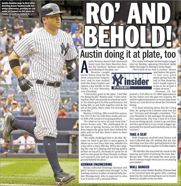  ??  ?? Austin Romine jogs to first after drawing bases loaded walk Saturday afternoon, proving he can make an impact at the plate for Yanks, as well as behind it.