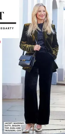  ?? ?? JACKET, MASSIMO DUTTI, SEQUIN TOP, ZARA AND TROUSERS, COS