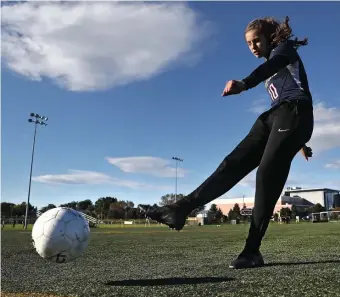  ?? NAncY LAnE pHOTOS / HErALD STAff ?? FEELING IT: Revere’s Carolina Bettero scored the 100th goal of her high school career on Thursday in a 4-0 win over Malden.