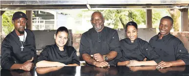  ?? PHOTOS BY GLADSTONE TAYLOR/PHOTOGRAPH­ER ?? The boss was quick to point out that it wasn’t a one-man job, so meet the team of culinary greats. Everton Williams, Spence-Ann Kenward, Gariel Ferguson, Aniece Chang, and Orlando Clue.