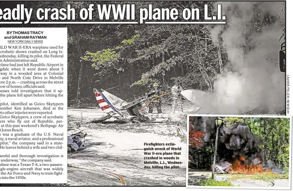  ??  ?? Firefighte­rs extinguish wreck of World War II-era plane that crashed in woods in Melville, L.I., Wednesday, killing the pilot.